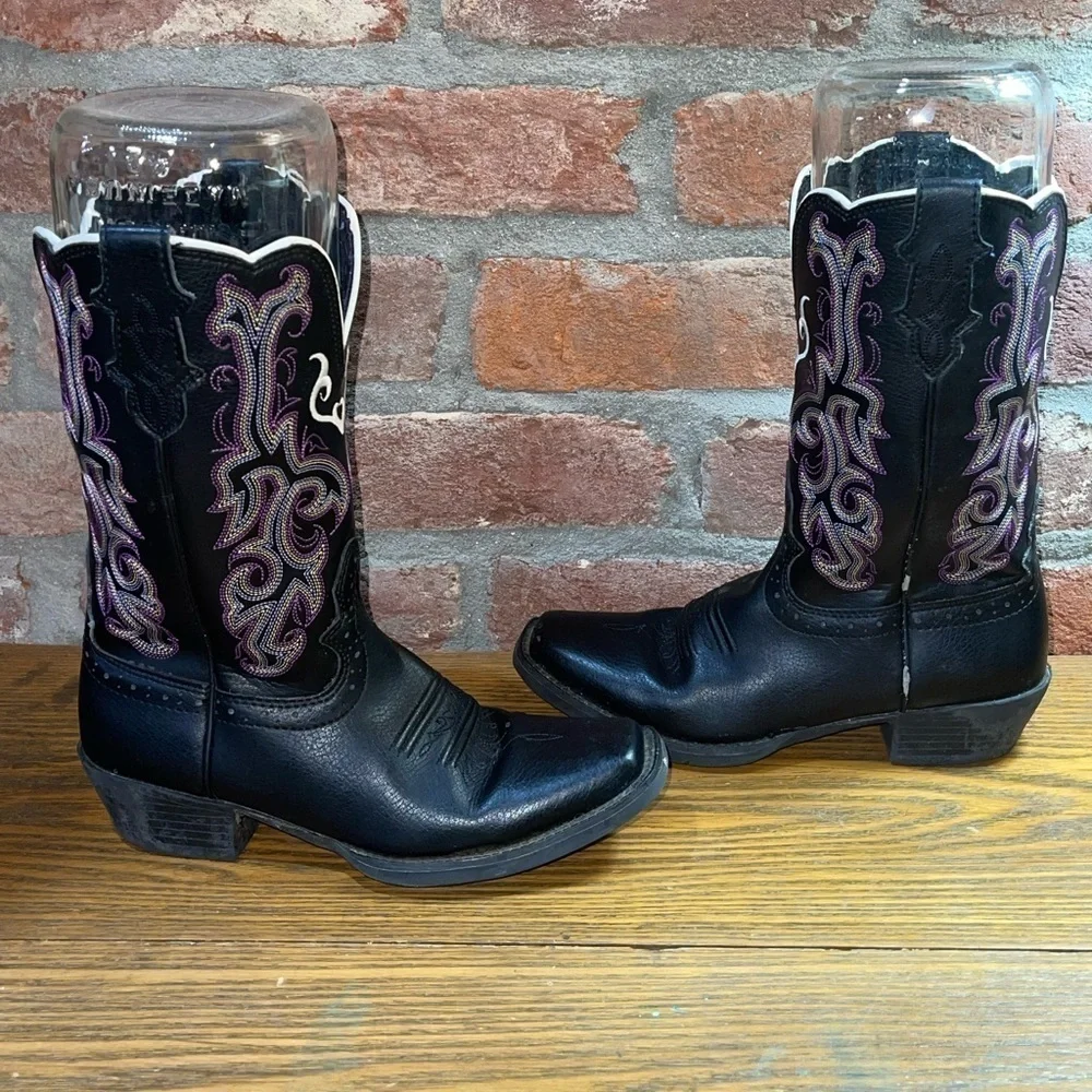 Justin stampede boot 2554JR Black and purple Deercow leather Size 2D